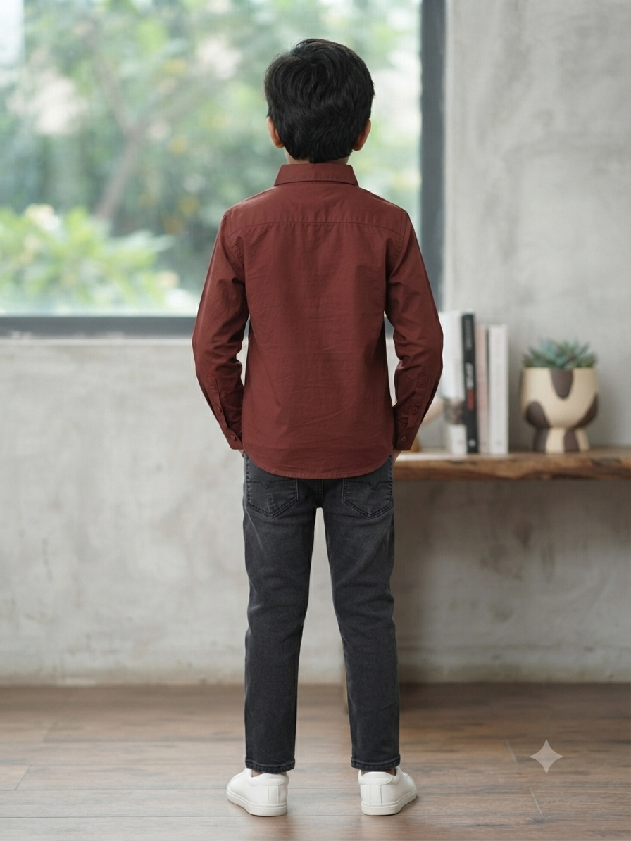 Boys Solid Long Sleeve Button Down Shirt (Brown)