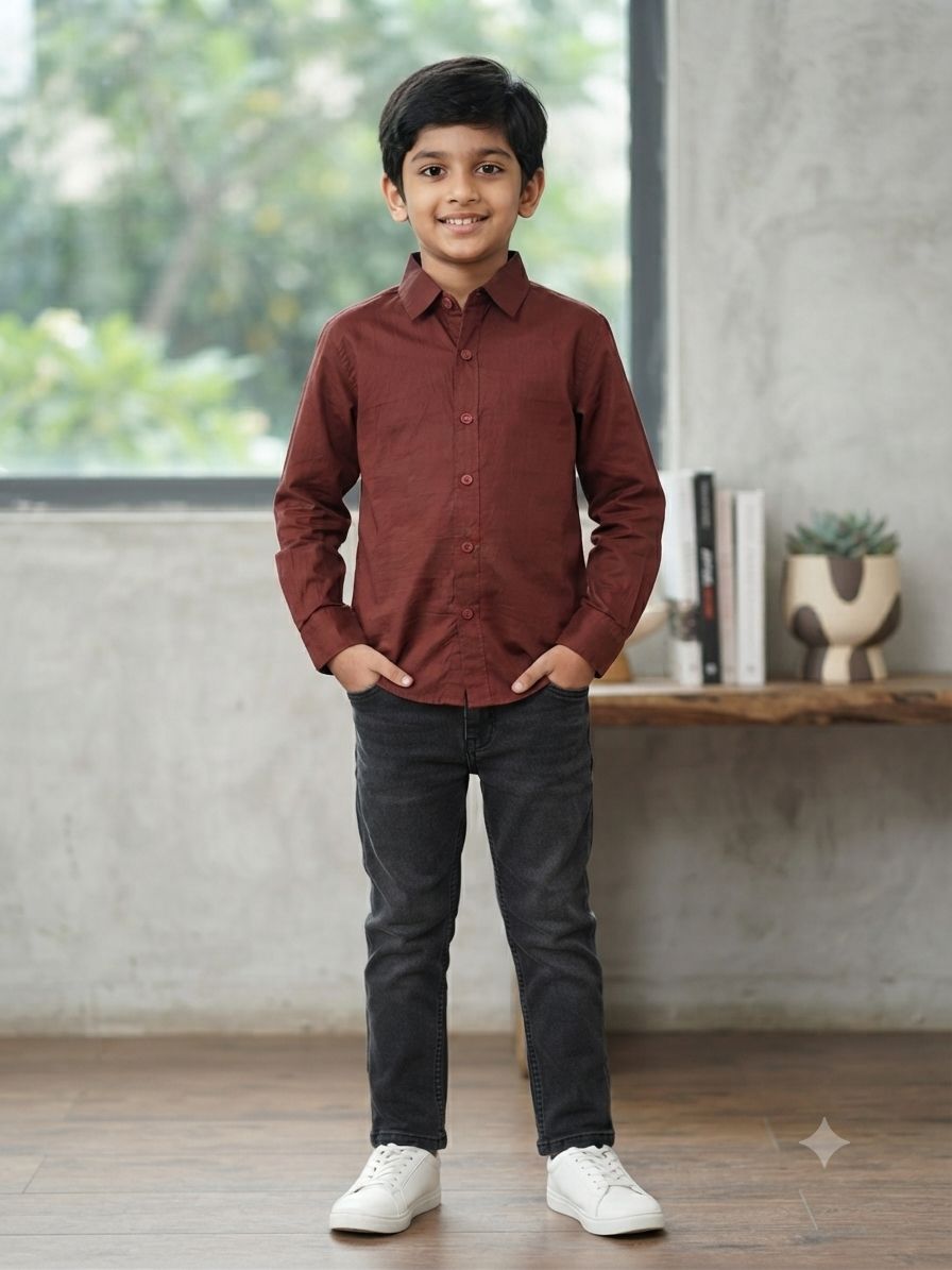 Boys Solid Long Sleeve Button Down Shirt (Brown)