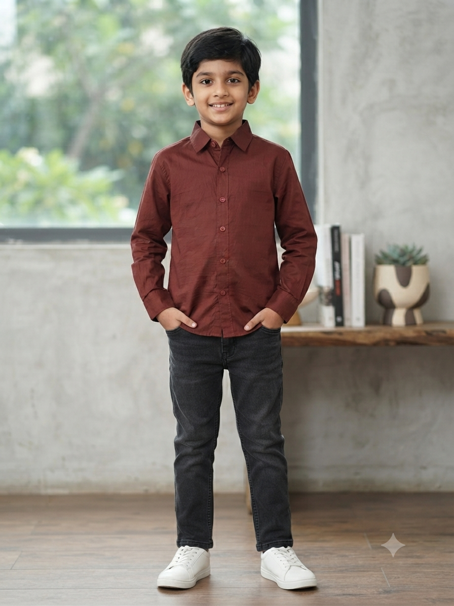 Boys Solid Long Sleeve Button Down Shirt (Brown)
