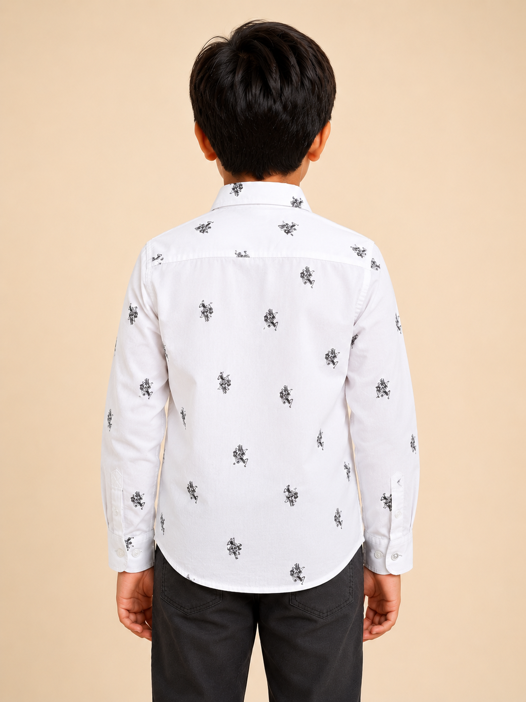 Boys' White Printed Long Sleeve Button Down Shirt