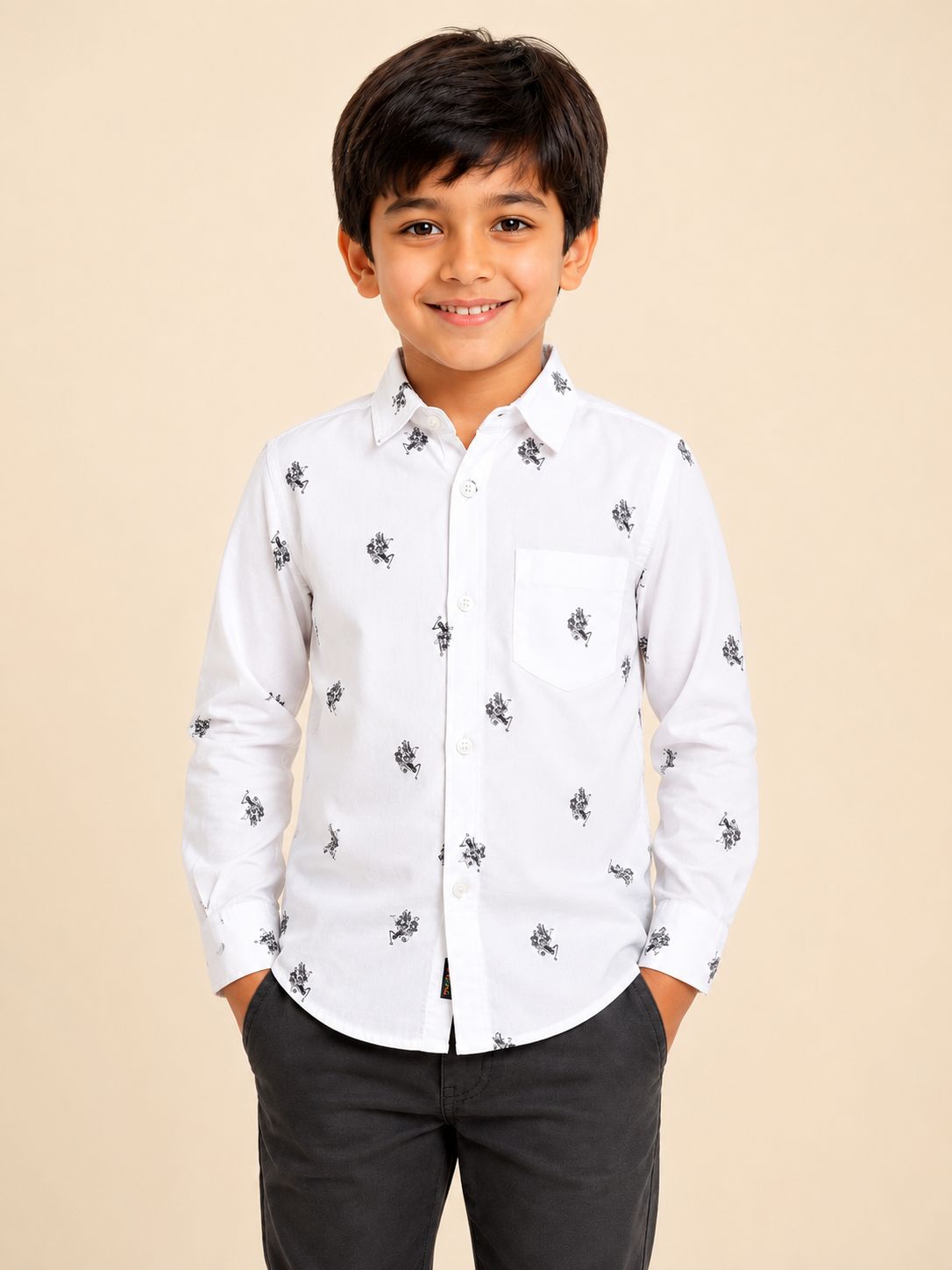 Boys' White Printed Long Sleeve Button Down Shirt