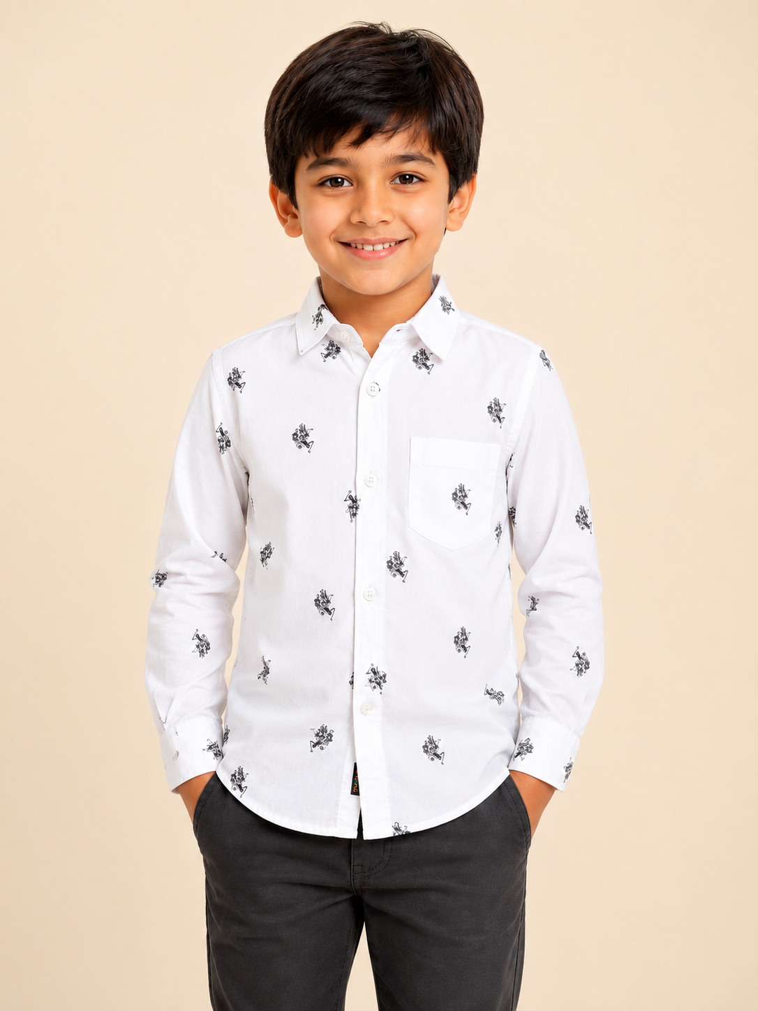 Boys' White Printed Long Sleeve Button Down Shirt