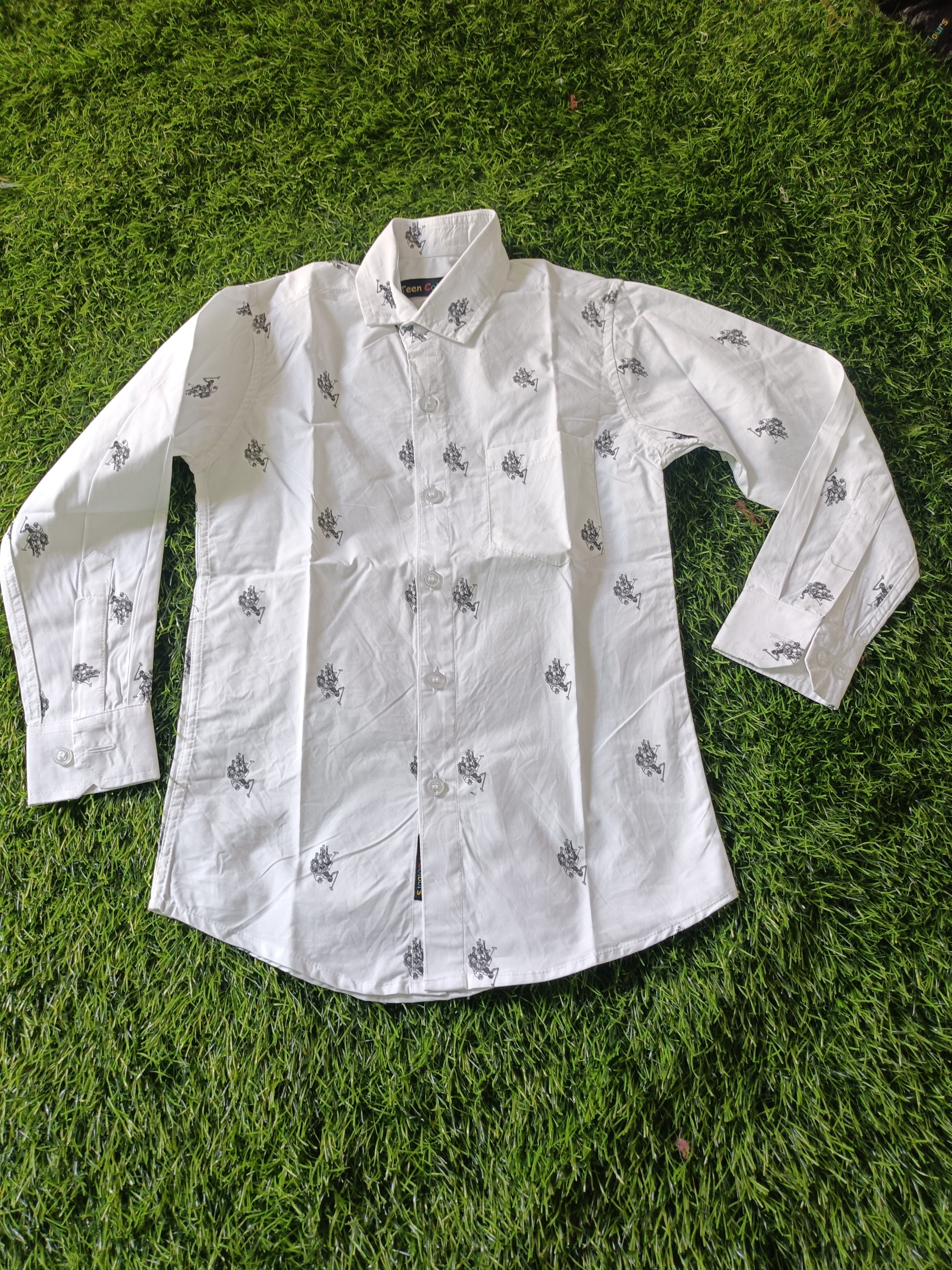 Boys' White Printed Long Sleeve Button Down Shirt