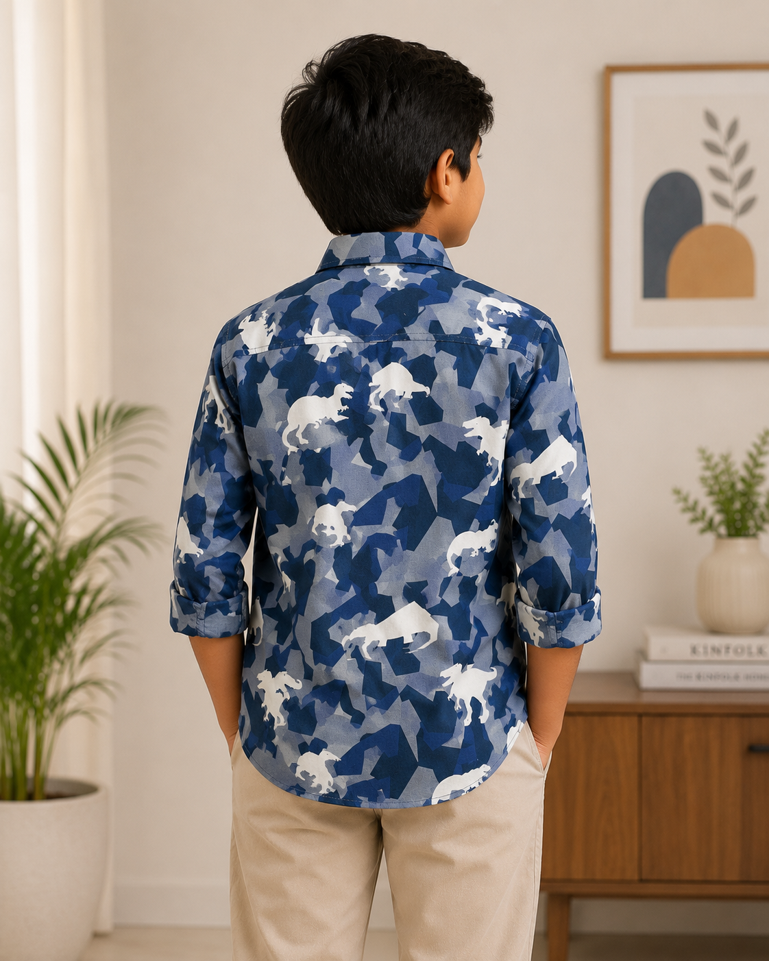Boys Navy Blue Camouflage Animal Print Cotton Casual Shirt – Full Sleeves
