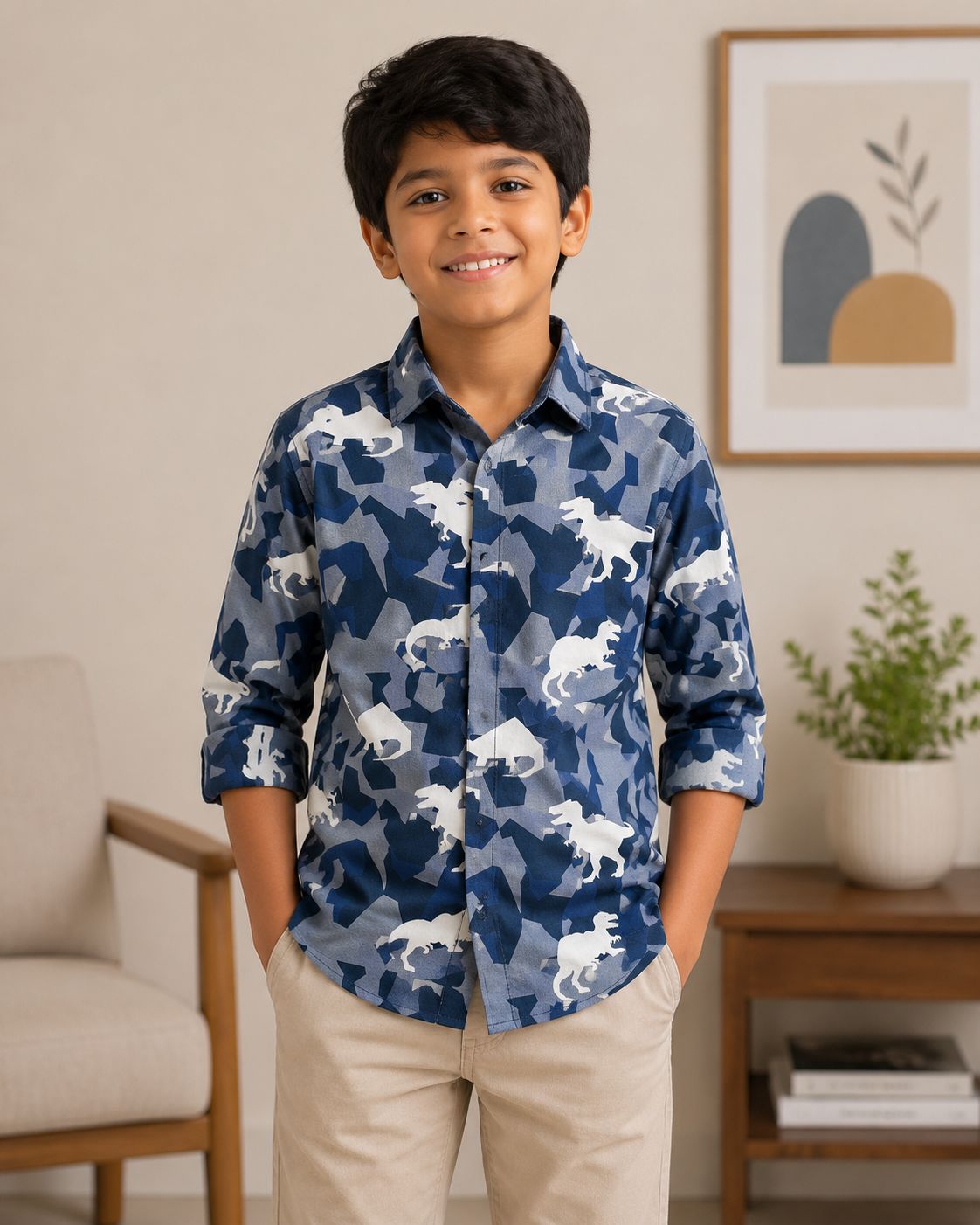 Boys Navy Blue Camouflage Animal Print Cotton Casual Shirt – Full Sleeves
