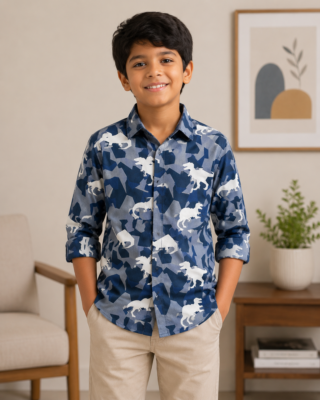 Boys Navy Blue Camouflage Animal Print Cotton Casual Shirt – Full Sleeves