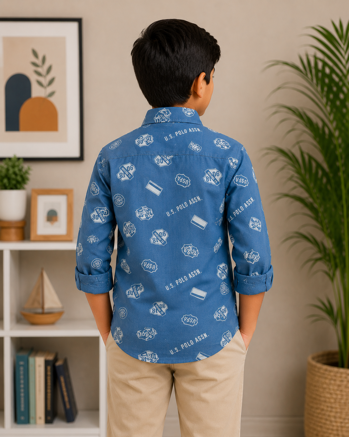 U.S. Polo Assn. Boys Printed Long Sleeve Button Down Shirt (Blue)