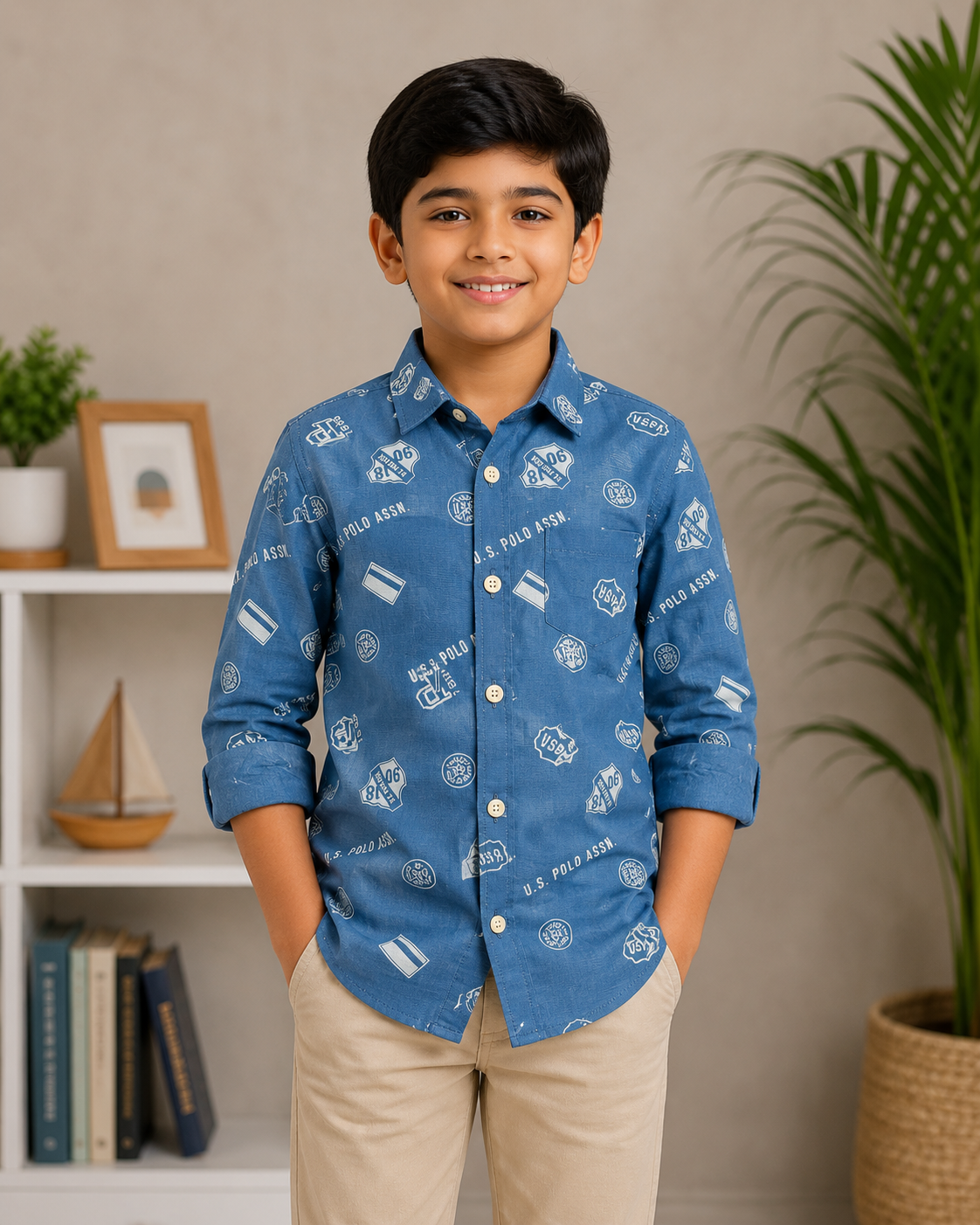 U.S. Polo Assn. Boys Printed Long Sleeve Button Down Shirt (Blue)