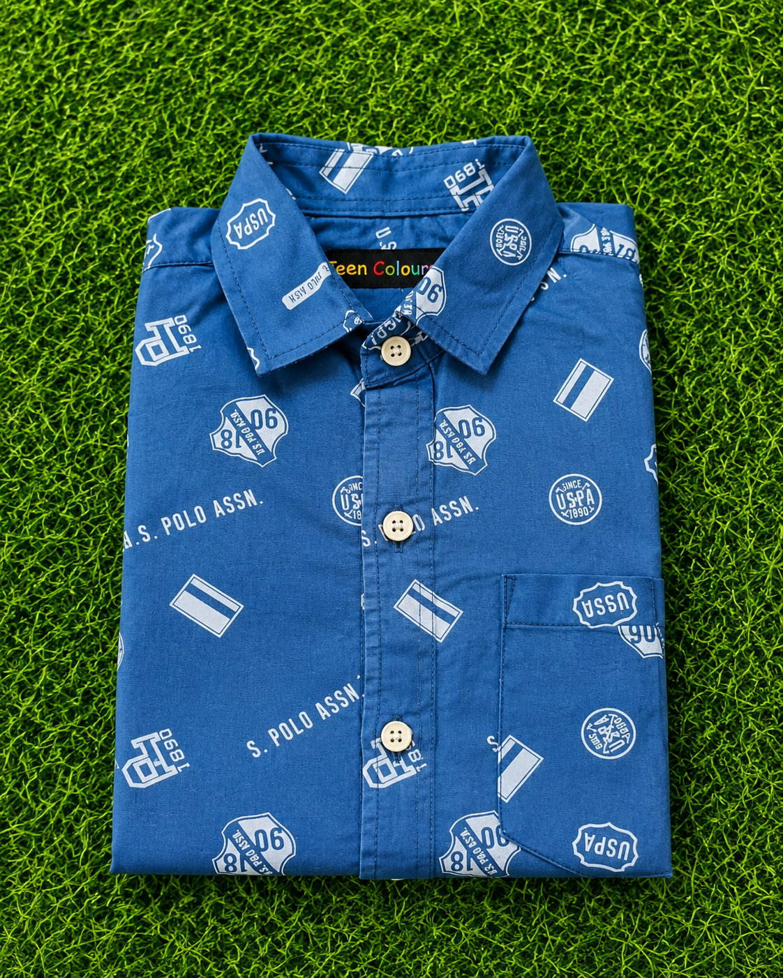 U.S. Polo Assn. Boys Printed Long Sleeve Button Down Shirt (Blue)