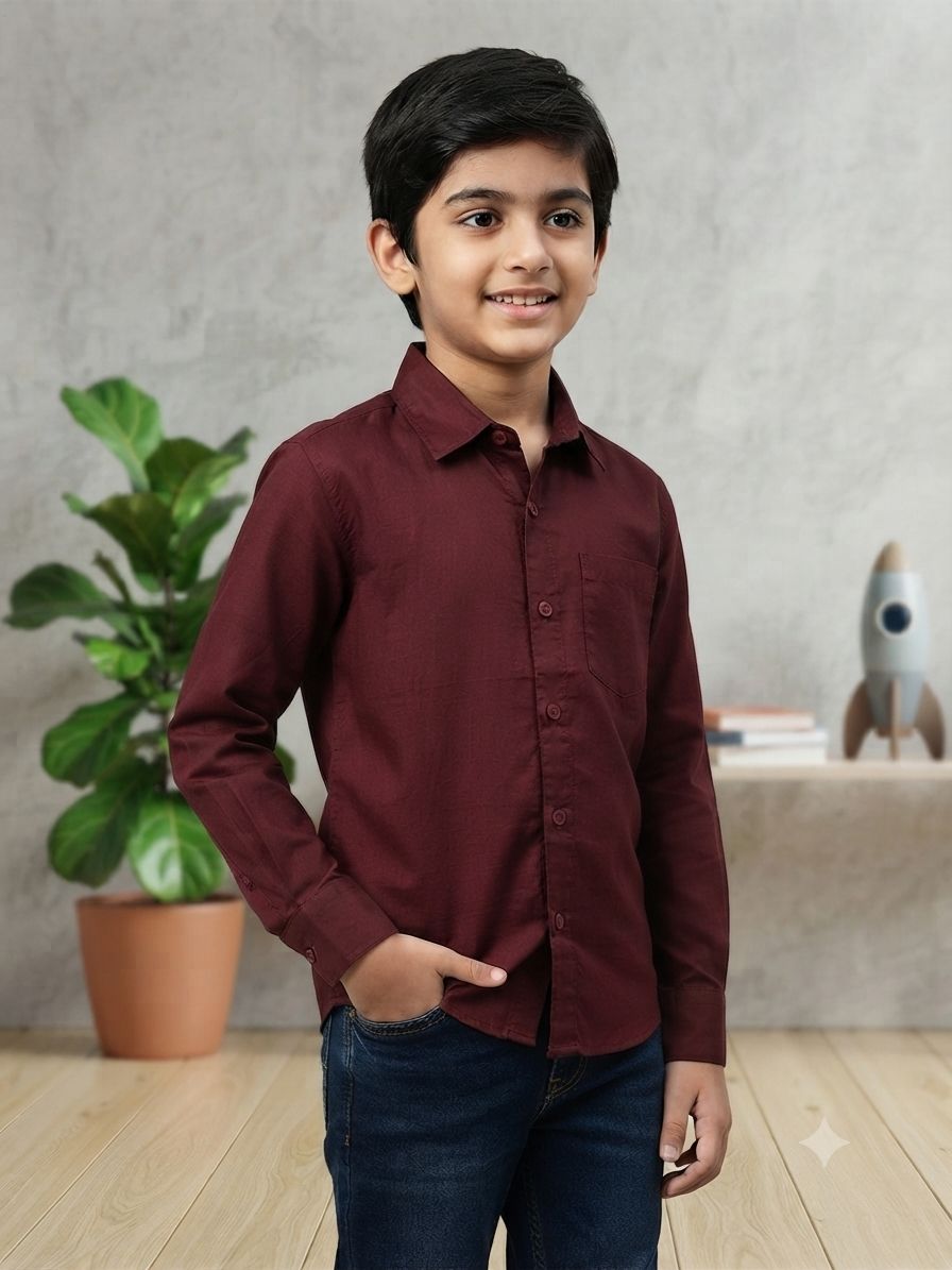 Boys Solid Long Sleeve Button Down Shirt (Maroon)
