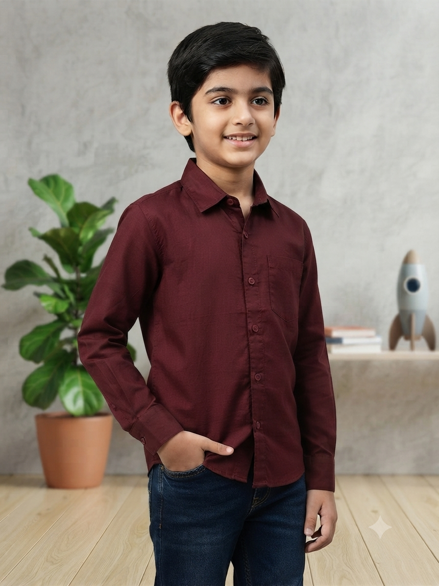 Boys Solid Long Sleeve Button Down Shirt (Maroon)