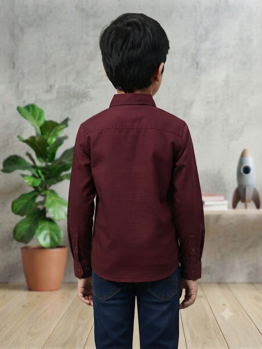 Boys Solid Long Sleeve Button Down Shirt (Maroon)