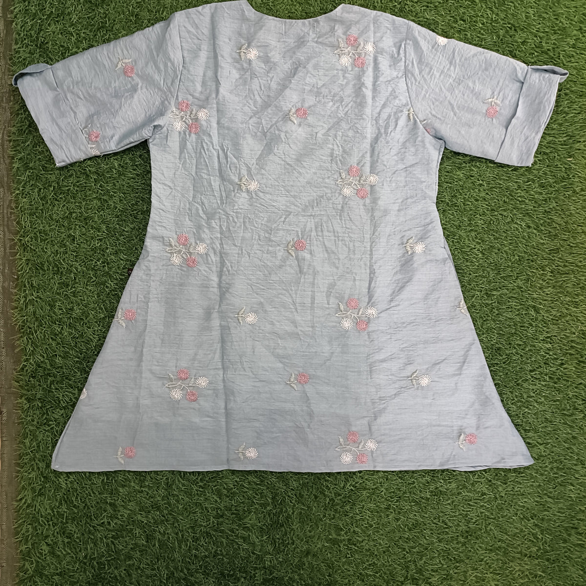 Women’s Light Grey Floral Embroidered A-Line Kurti with Notch Neck