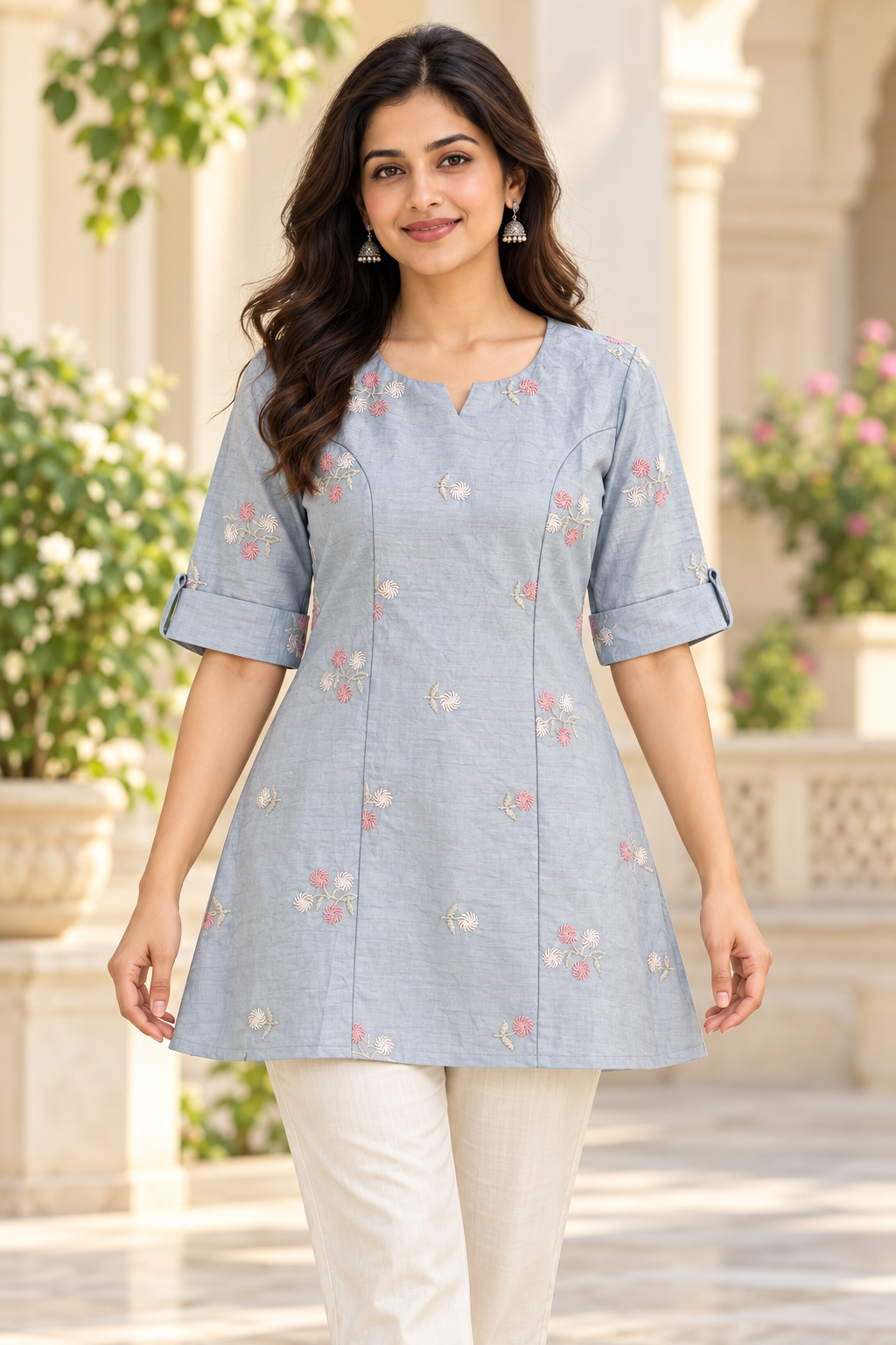 Women’s Light Grey Floral Embroidered A-Line Kurti with Notch Neck