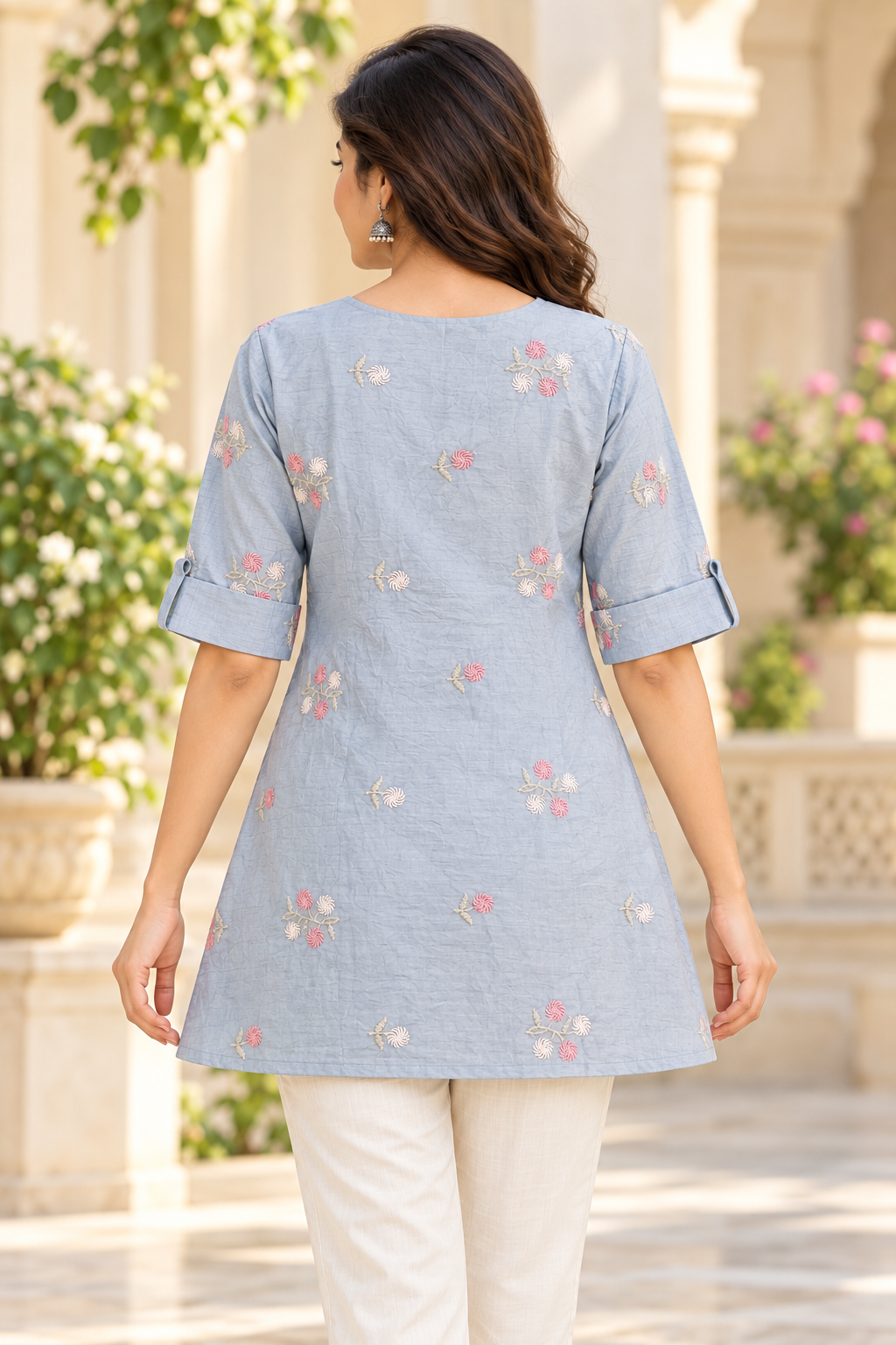 Women’s Light Grey Floral Embroidered A-Line Kurti with Notch Neck