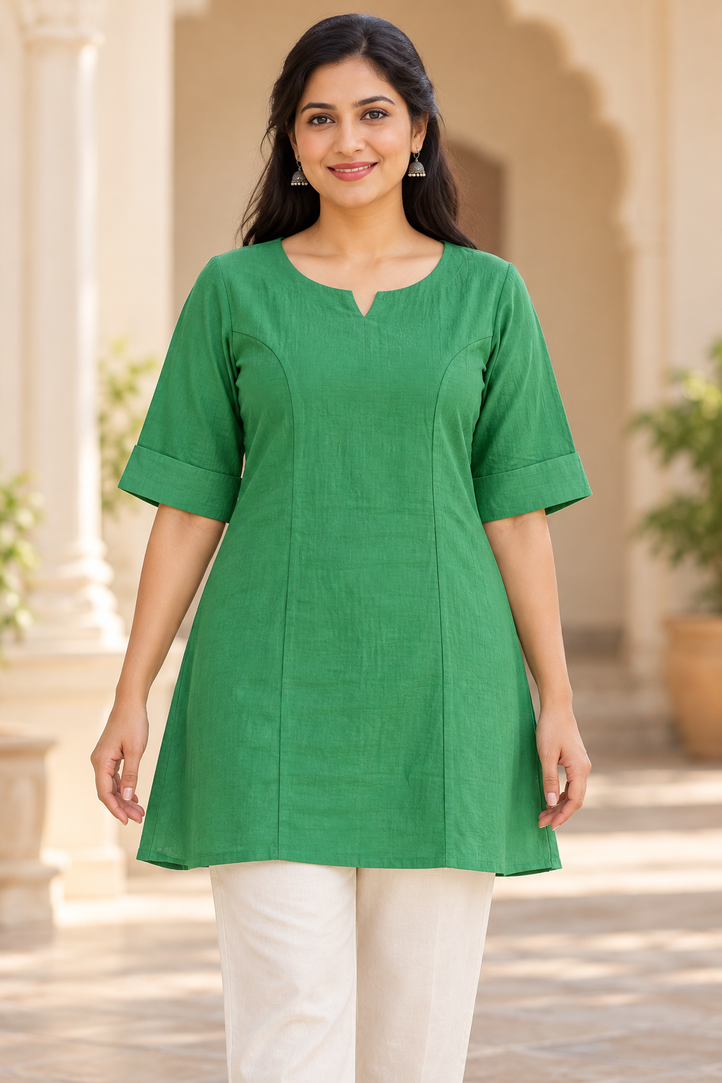 Teen Colours Solid Green Casual Cotton Kurti / Tunic