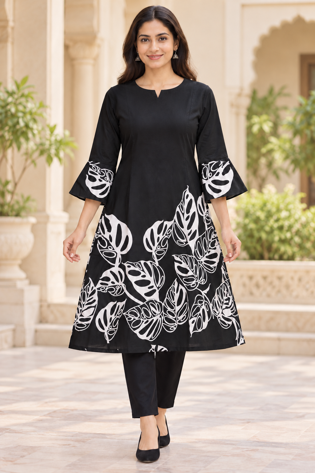 Teen Colours Black and White Leaf Print Casual Cotton Kurti / Tunic