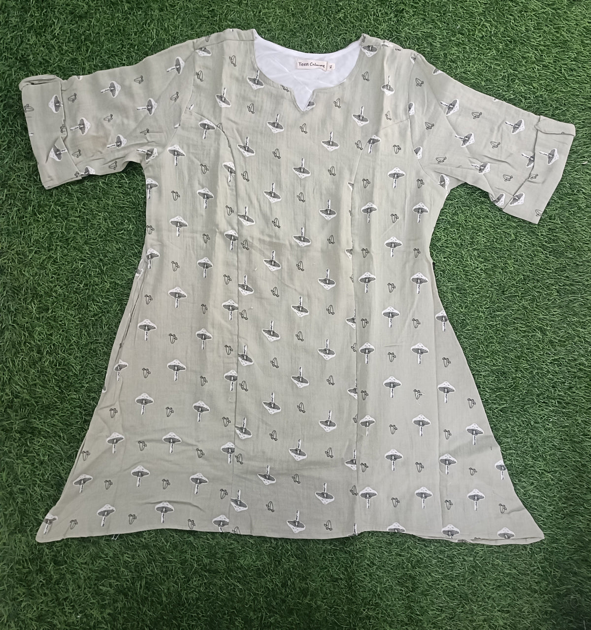 Women’s Light Sage Green Mushroom Printed A-Line Kurti with Notch Neck