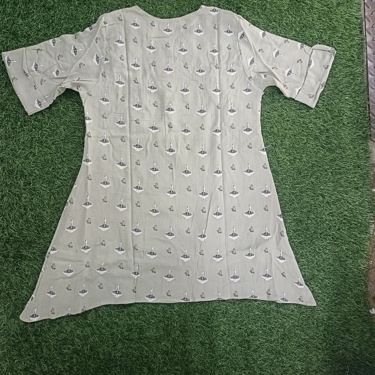 Women’s Light Sage Green Mushroom Printed A-Line Kurti with Notch Neck