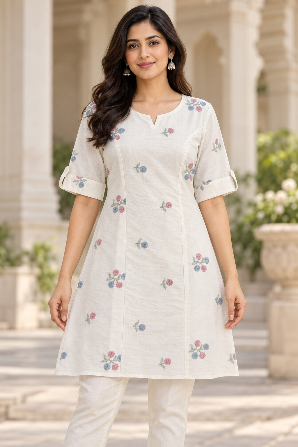 Teen Colours Off-White Floral Embroidered Casual Cotton Kurti / Tunic