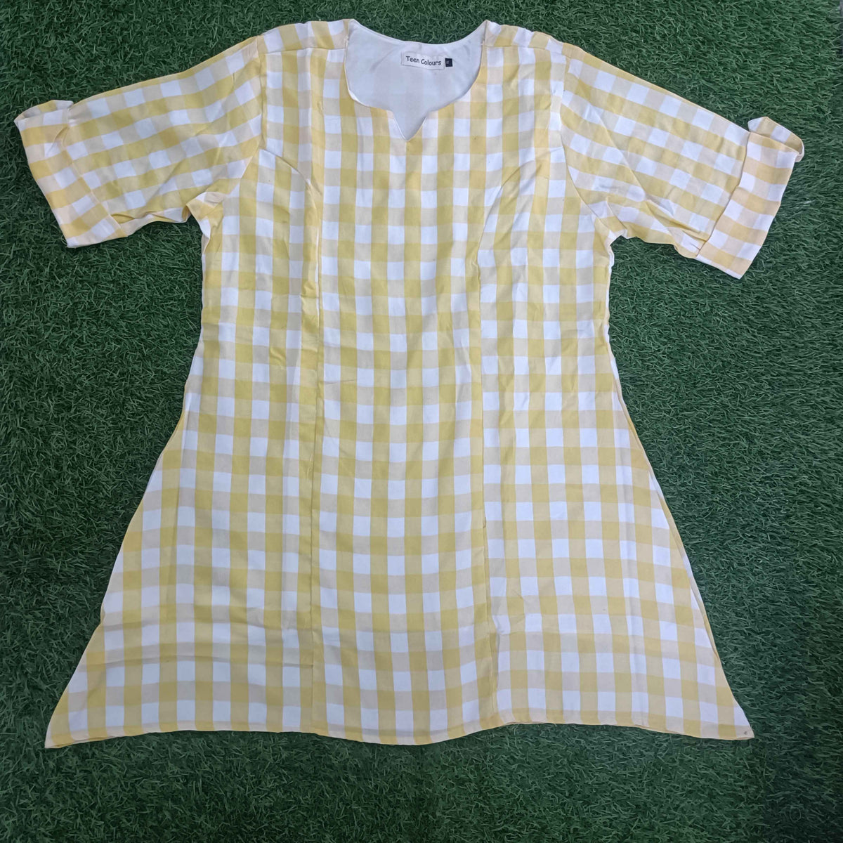 Teen Colours Yellow and White Checked Casual Cotton Kurti / Tunic (TBX)
