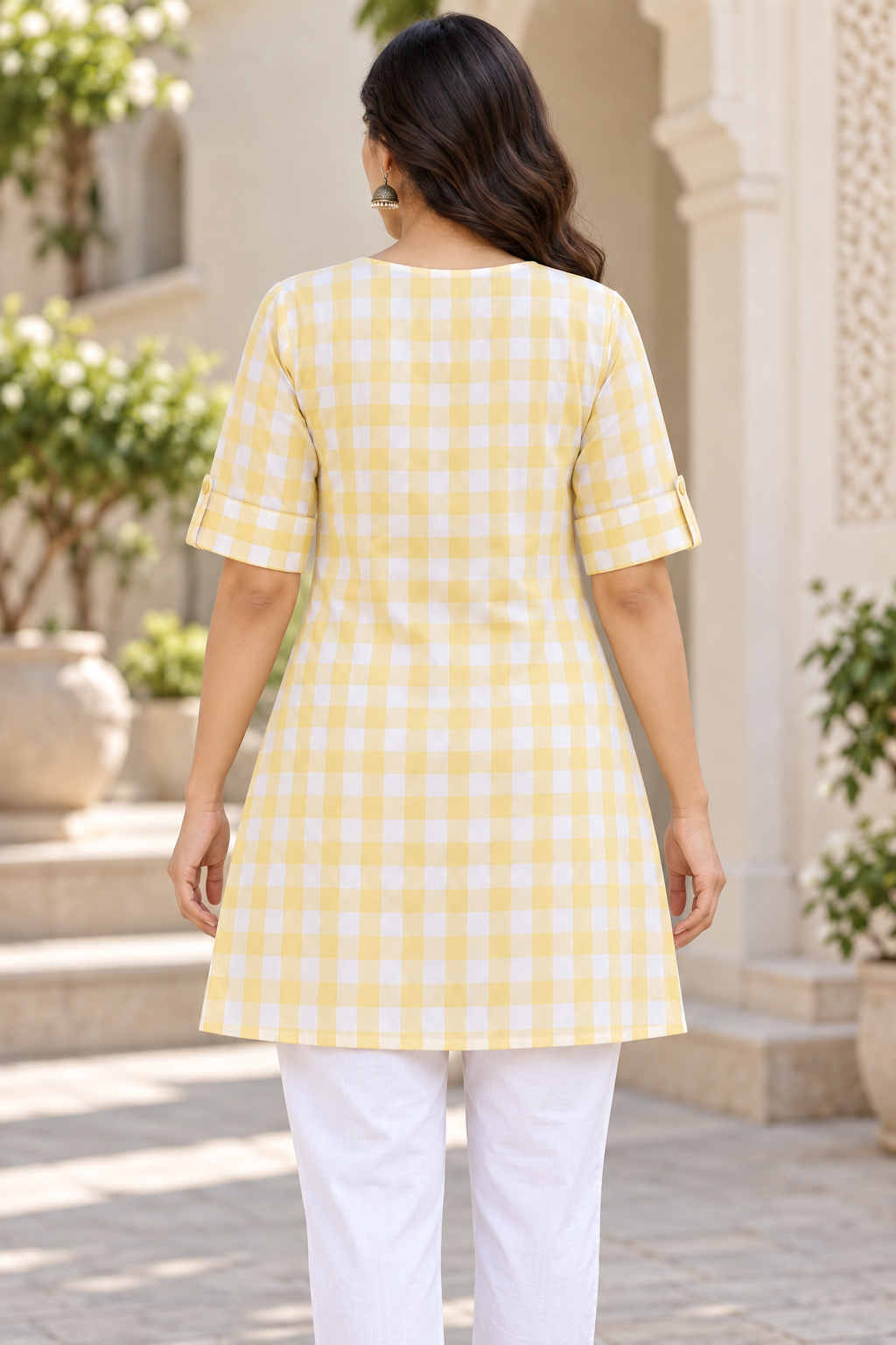 Teen Colours Yellow and White Checked Casual Cotton Kurti / Tunic (TBX)