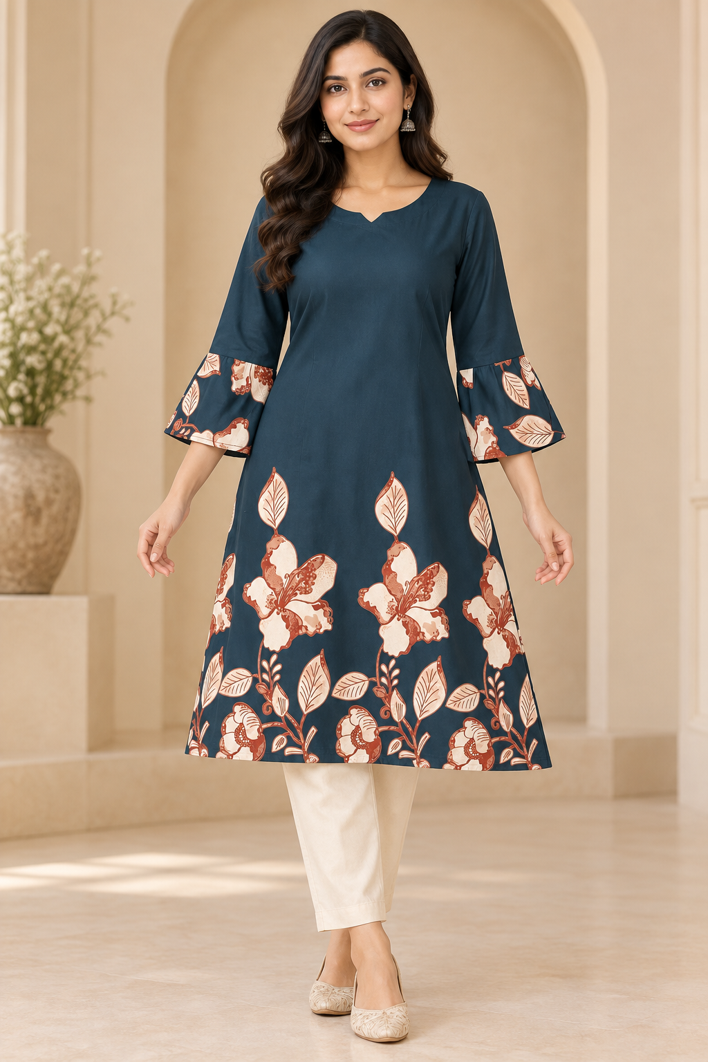 Teen Colours Teal Blue Floral Print Casual Cotton Kurti / Tunic