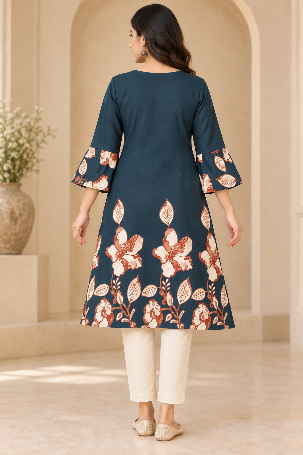 Teen Colours Teal Blue Floral Print Casual Cotton Kurti / Tunic