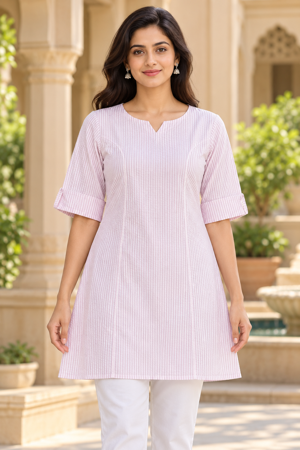 Women’s Light Pink Striped A-Line Kurti with Notch Neck