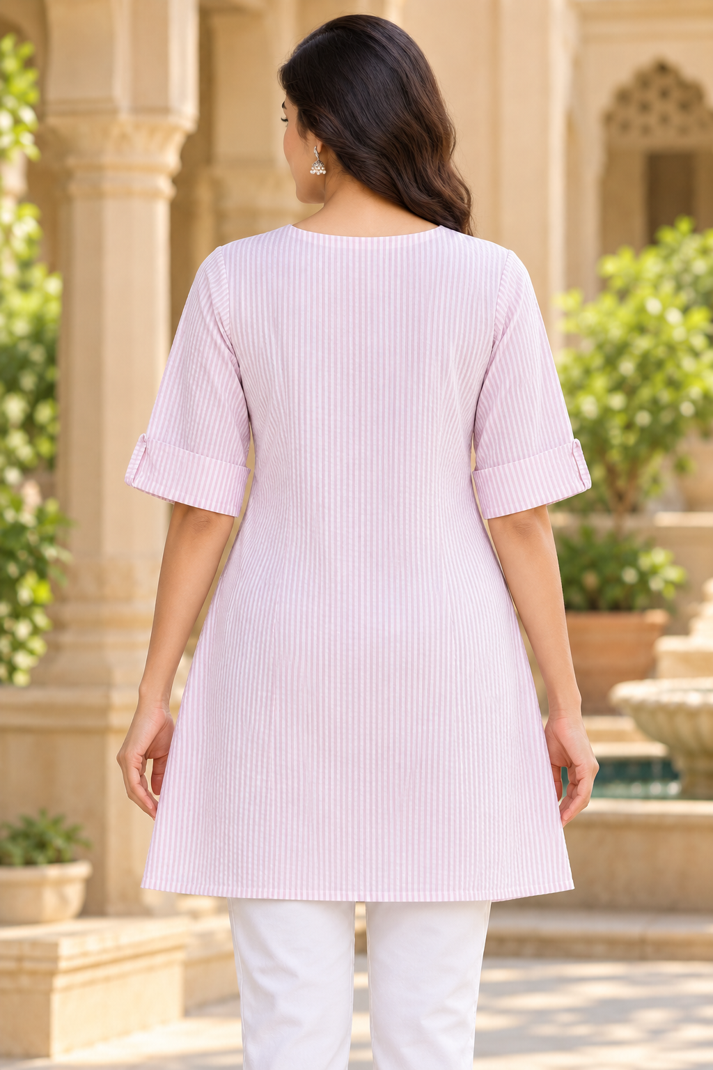 Women’s Light Pink Striped A-Line Kurti with Notch Neck
