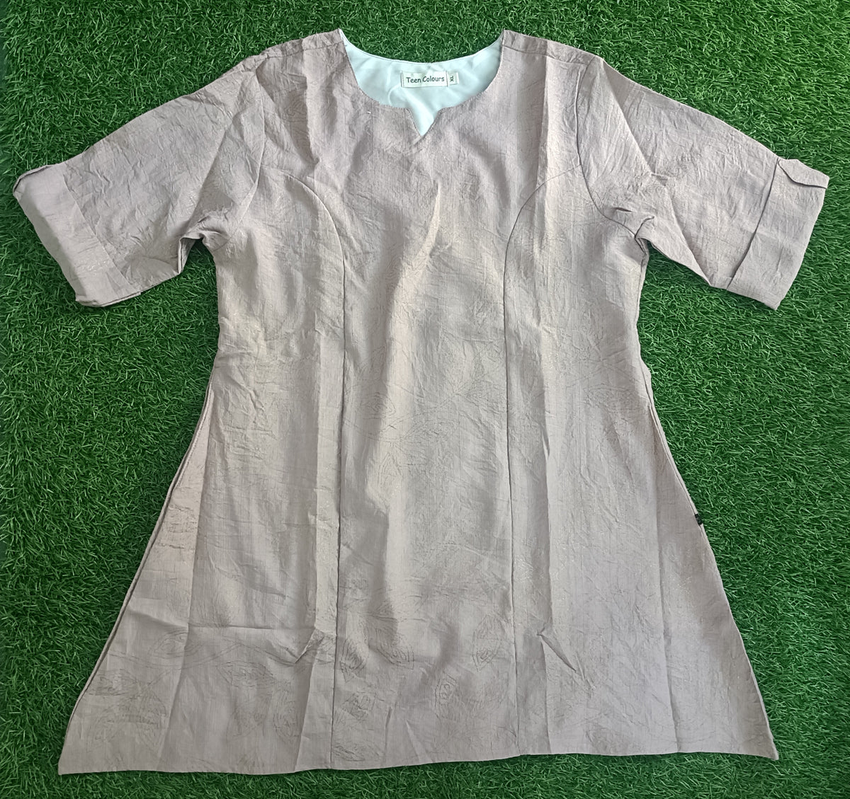 Women’s Light Taupe Self-Design A-Line Kurti with Notch Neck