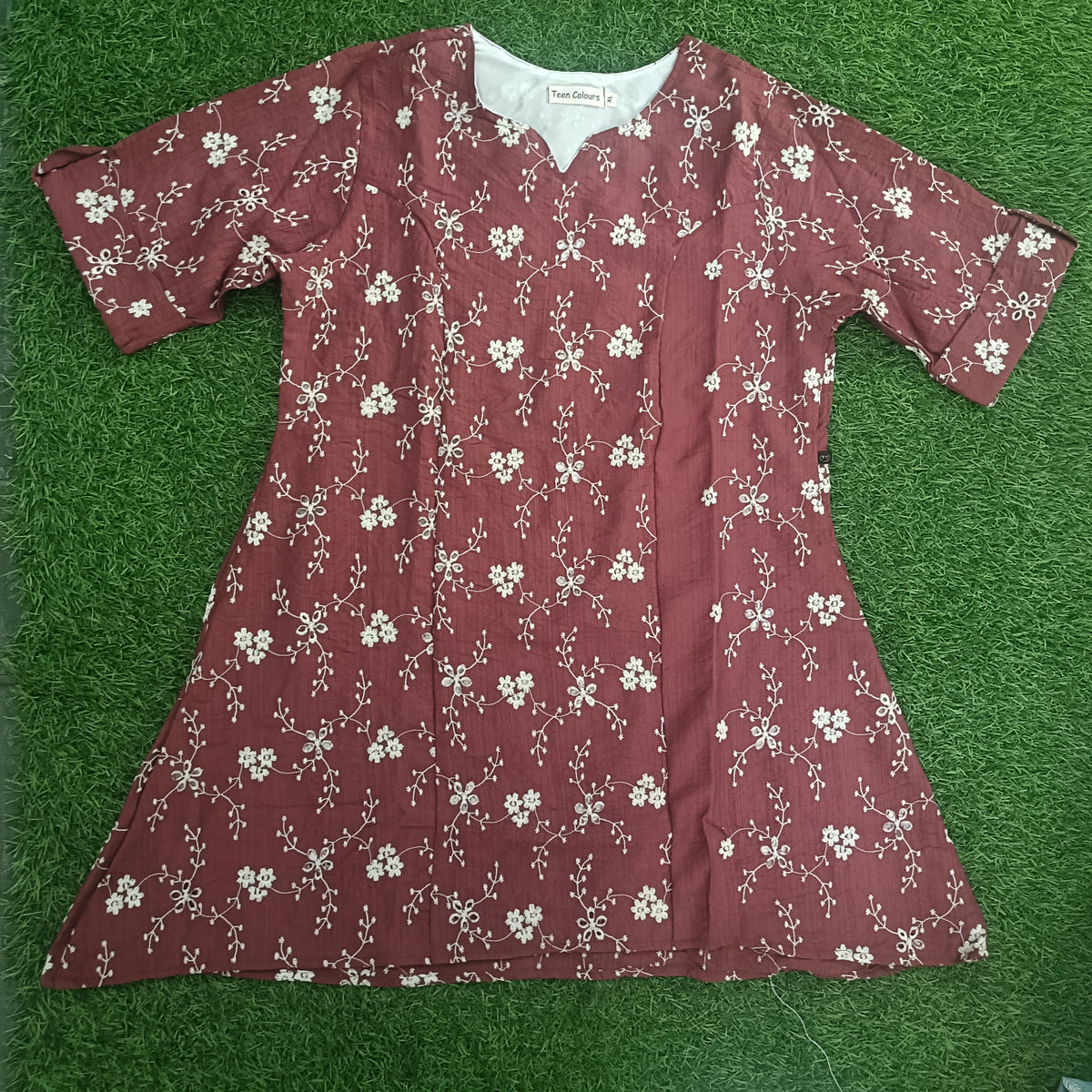 Women’s Maroon Floral Embroidered A-Line Kurti with Notch Neck