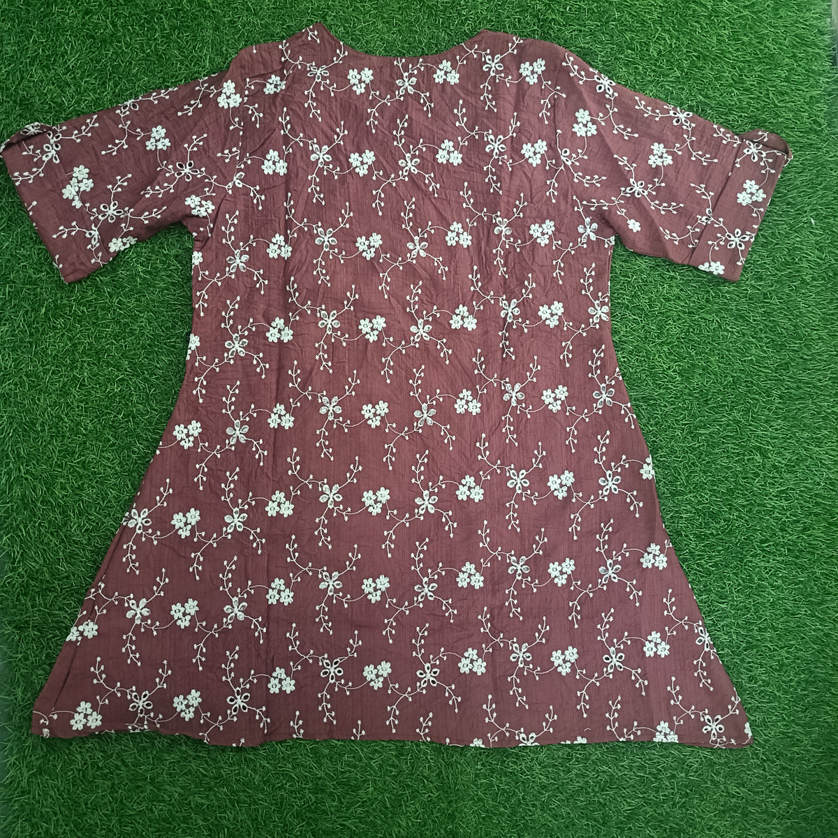 Women’s Maroon Floral Embroidered A-Line Kurti with Notch Neck