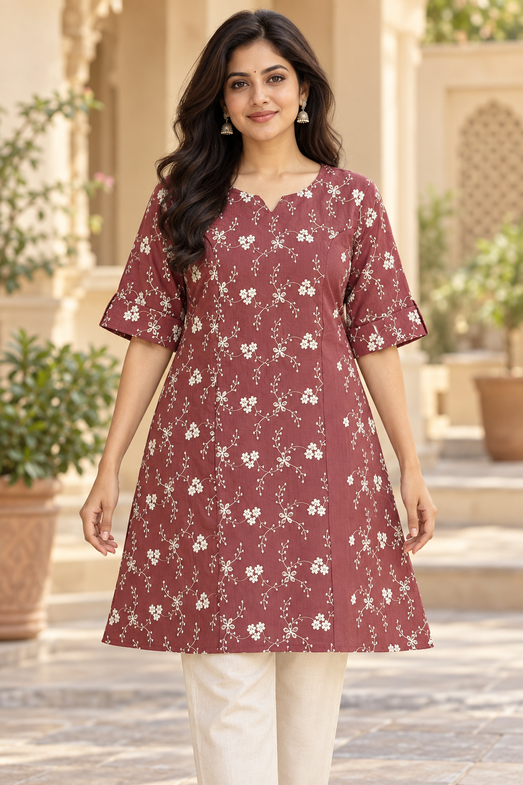 Women’s Maroon Floral Embroidered A-Line Kurti with Notch Neck