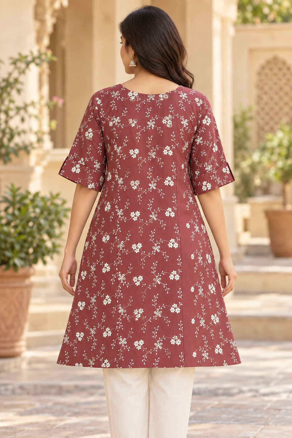 Women’s Maroon Floral Embroidered A-Line Kurti with Notch Neck