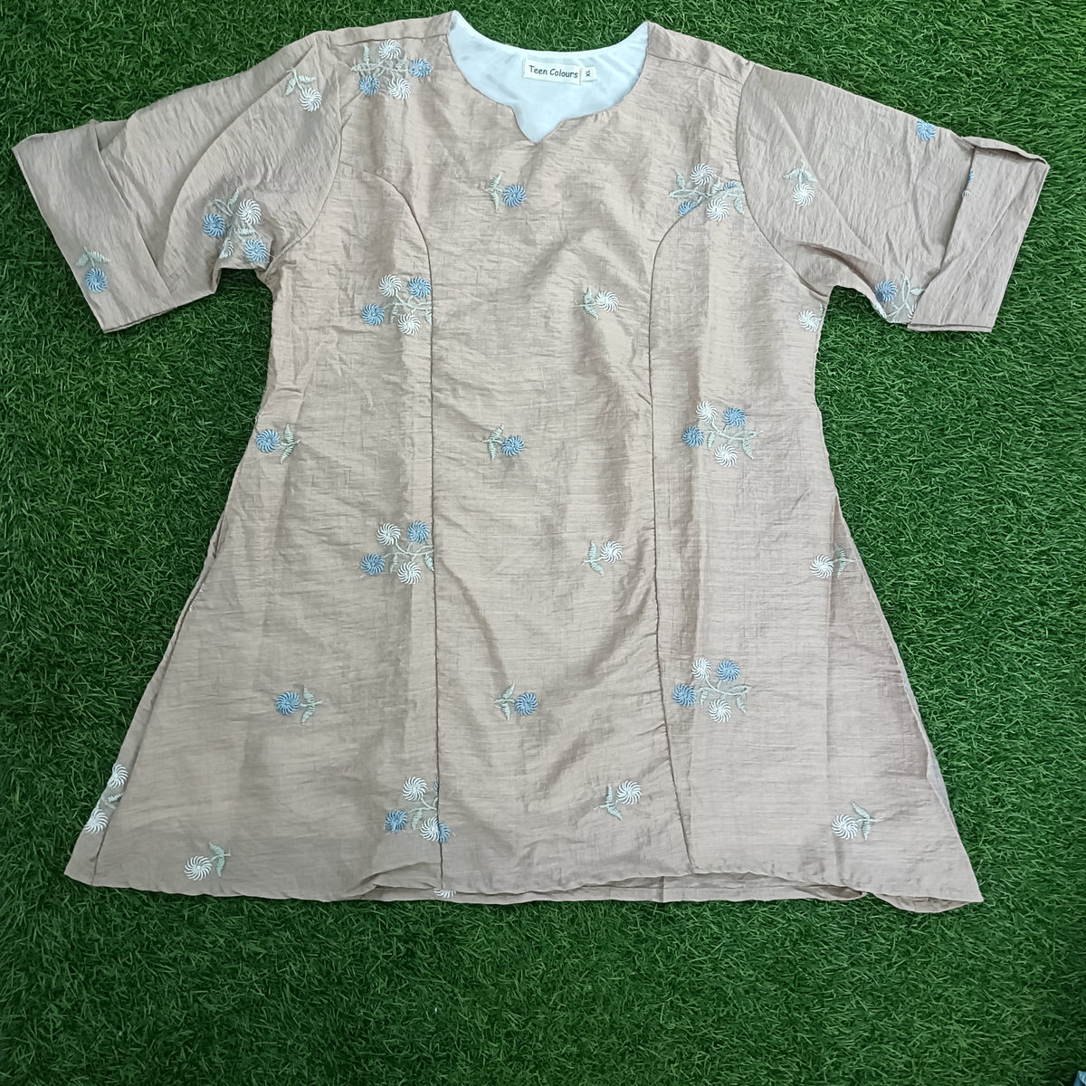 Women’s Light Taupe Floral Embroidered A-Line Kurti with Notch Neck
