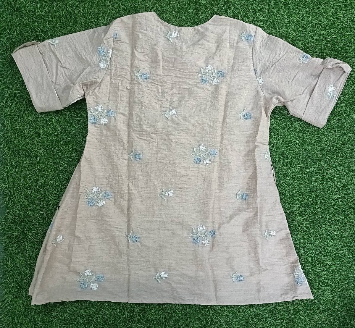 Women’s Light Taupe Floral Embroidered A-Line Kurti with Notch Neck