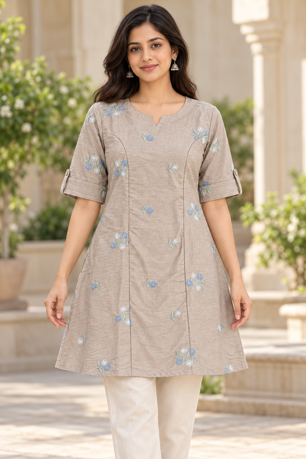 Women’s Light Taupe Floral Embroidered A-Line Kurti with Notch Neck
