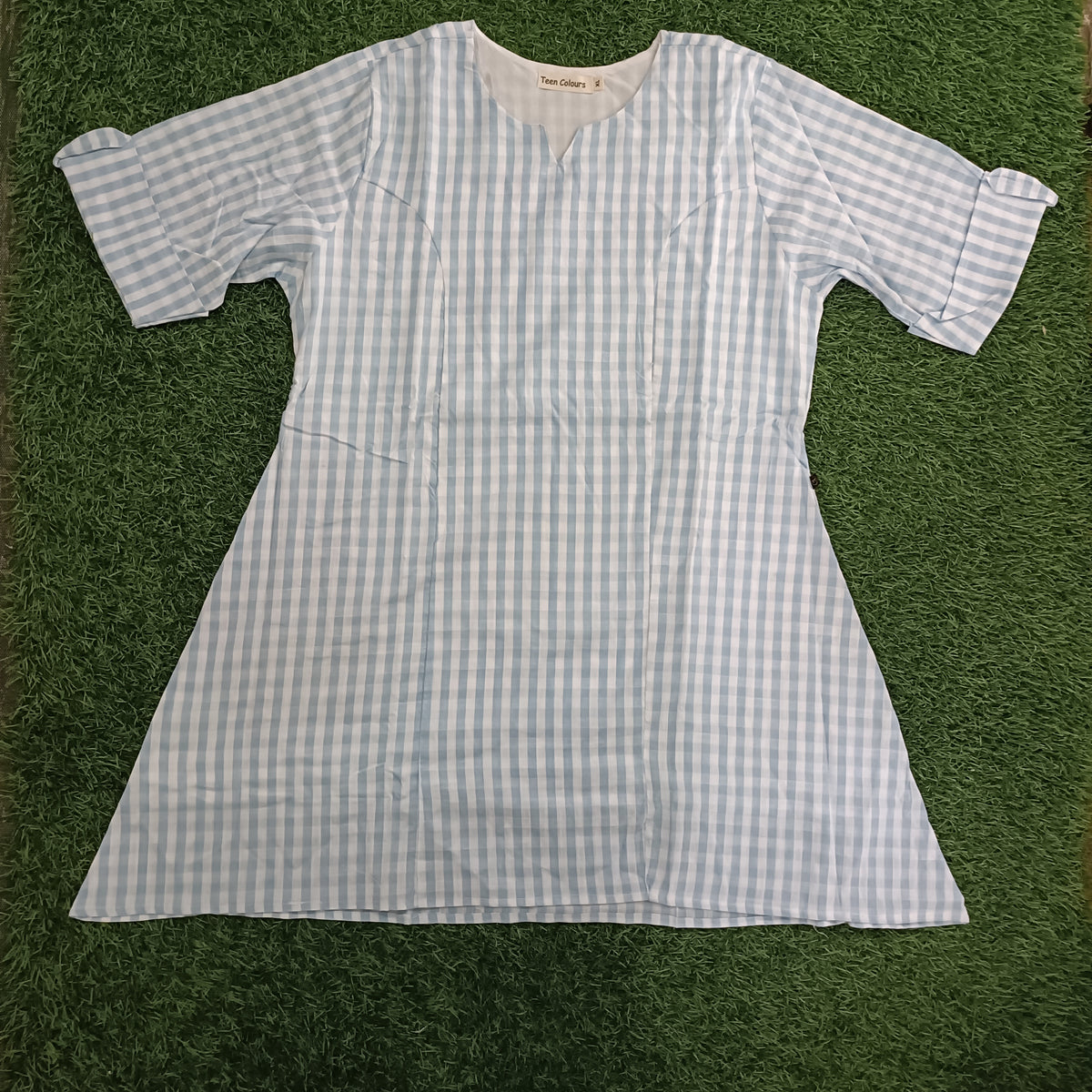 Women’s Light Sky Blue & White Checked A-Line Kurti with Notch Neck