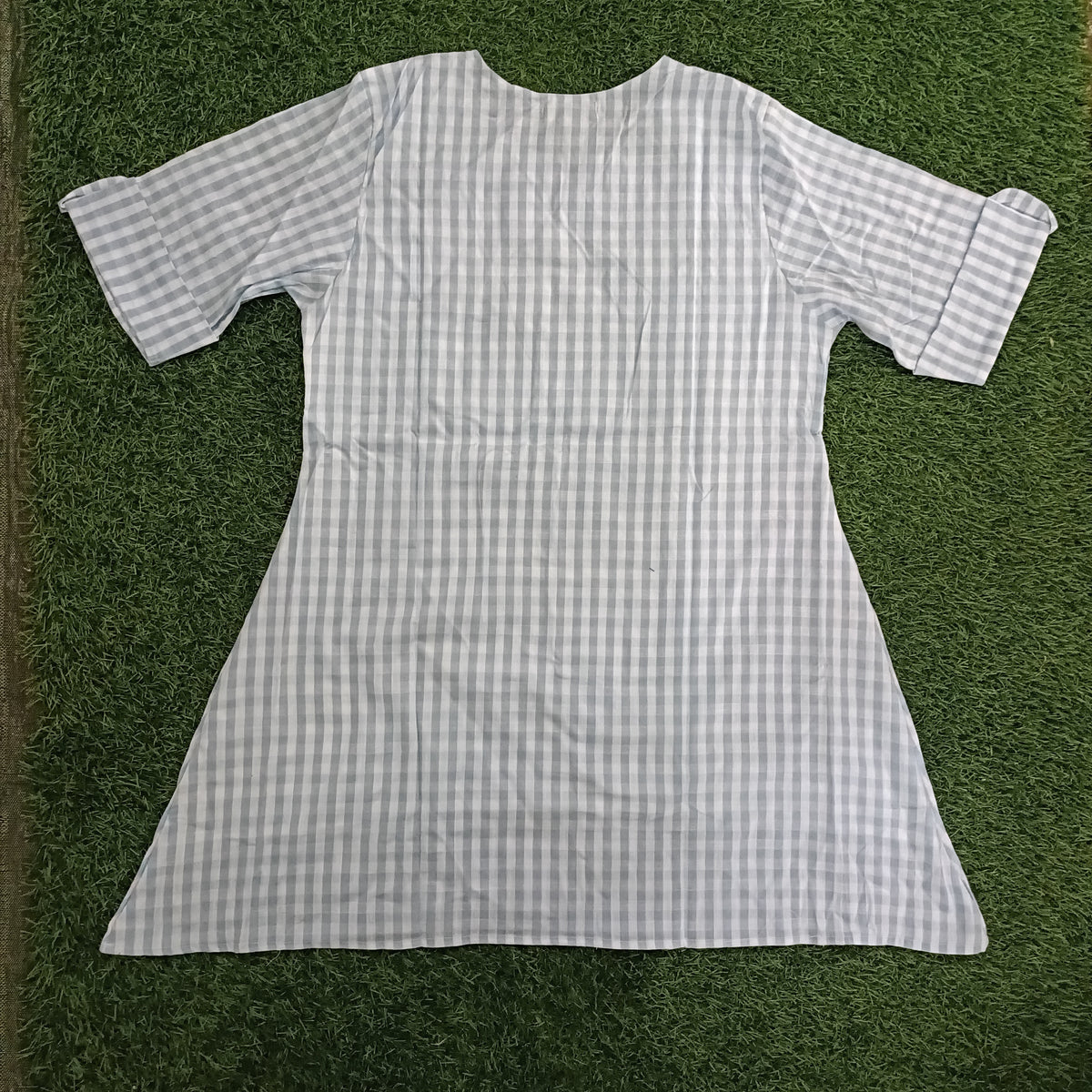 Women’s Light Sky Blue & White Checked A-Line Kurti with Notch Neck
