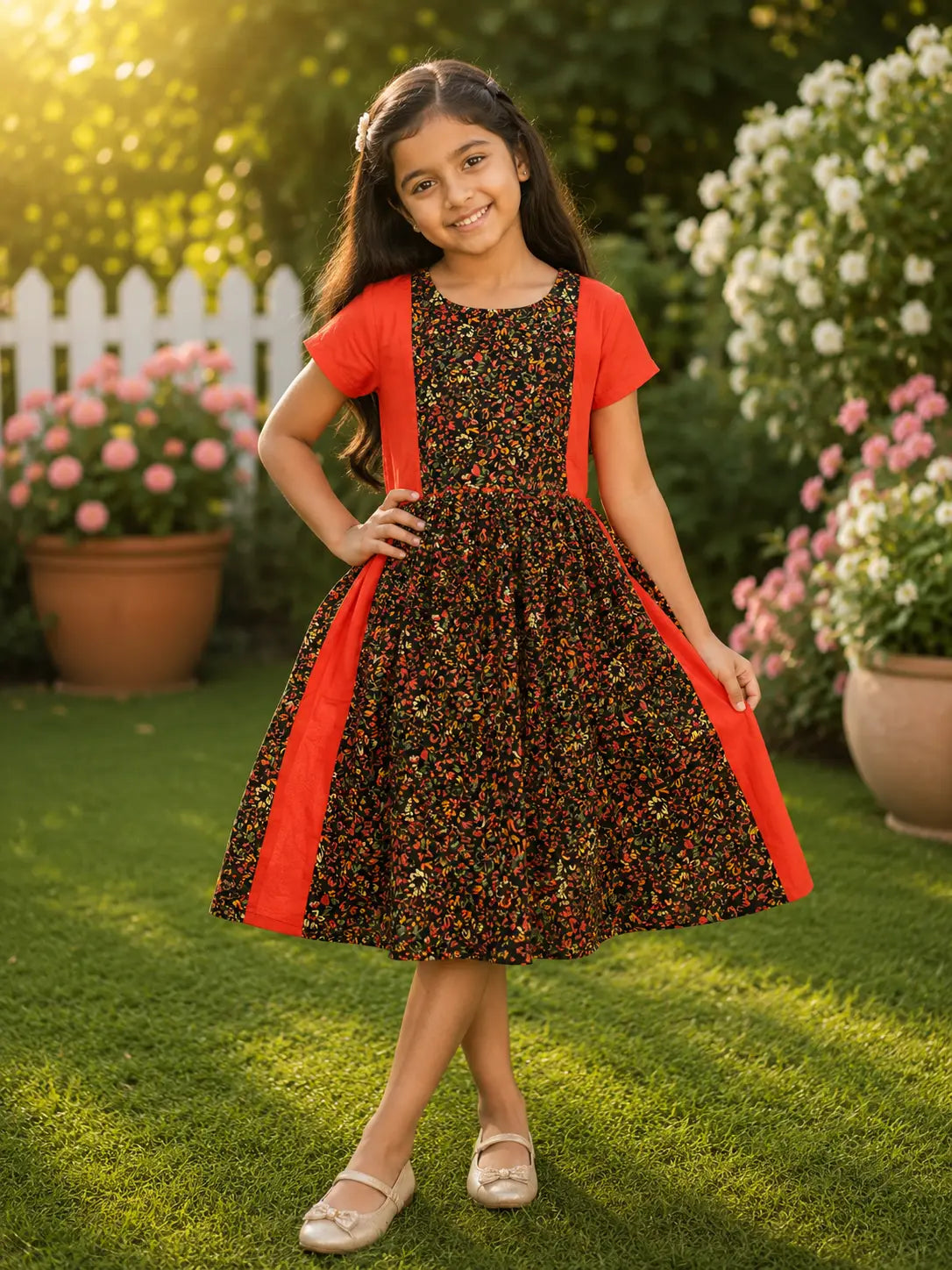Girls Coral Pink & Black Floral Printed cotton Flared Frock with Short Sleeves