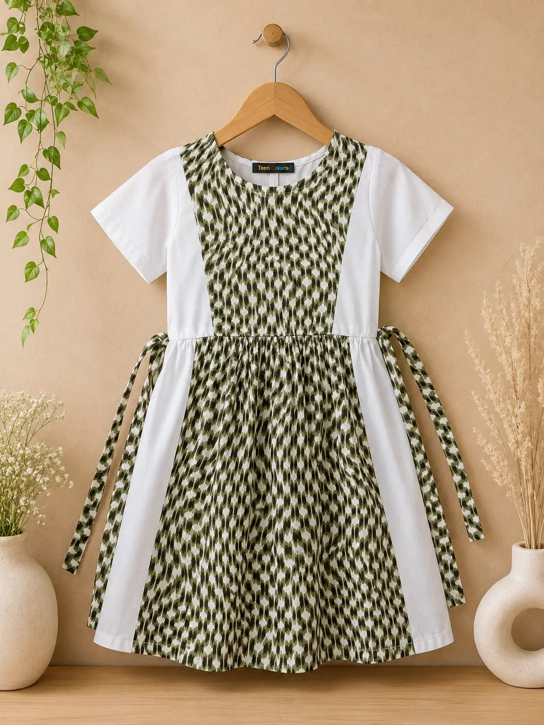 Girls Olive Green Animal Print cotton Flared Frock