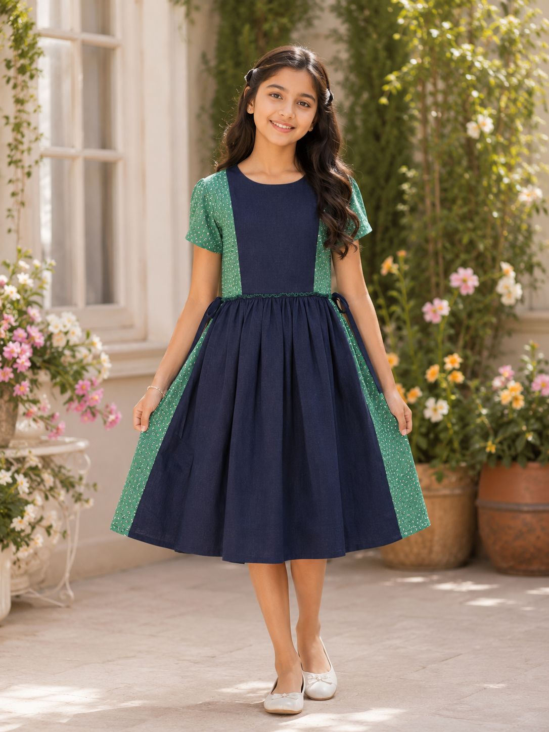 Girls Navy Blue cotton Flared Dress with Mint Green Floral Panels with short sleeves
