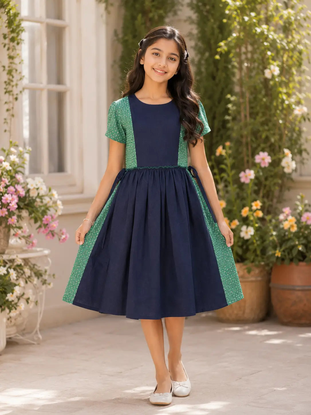 Girls Navy Blue cotton Flared Dress with Mint Green Floral Panels with short sleeves