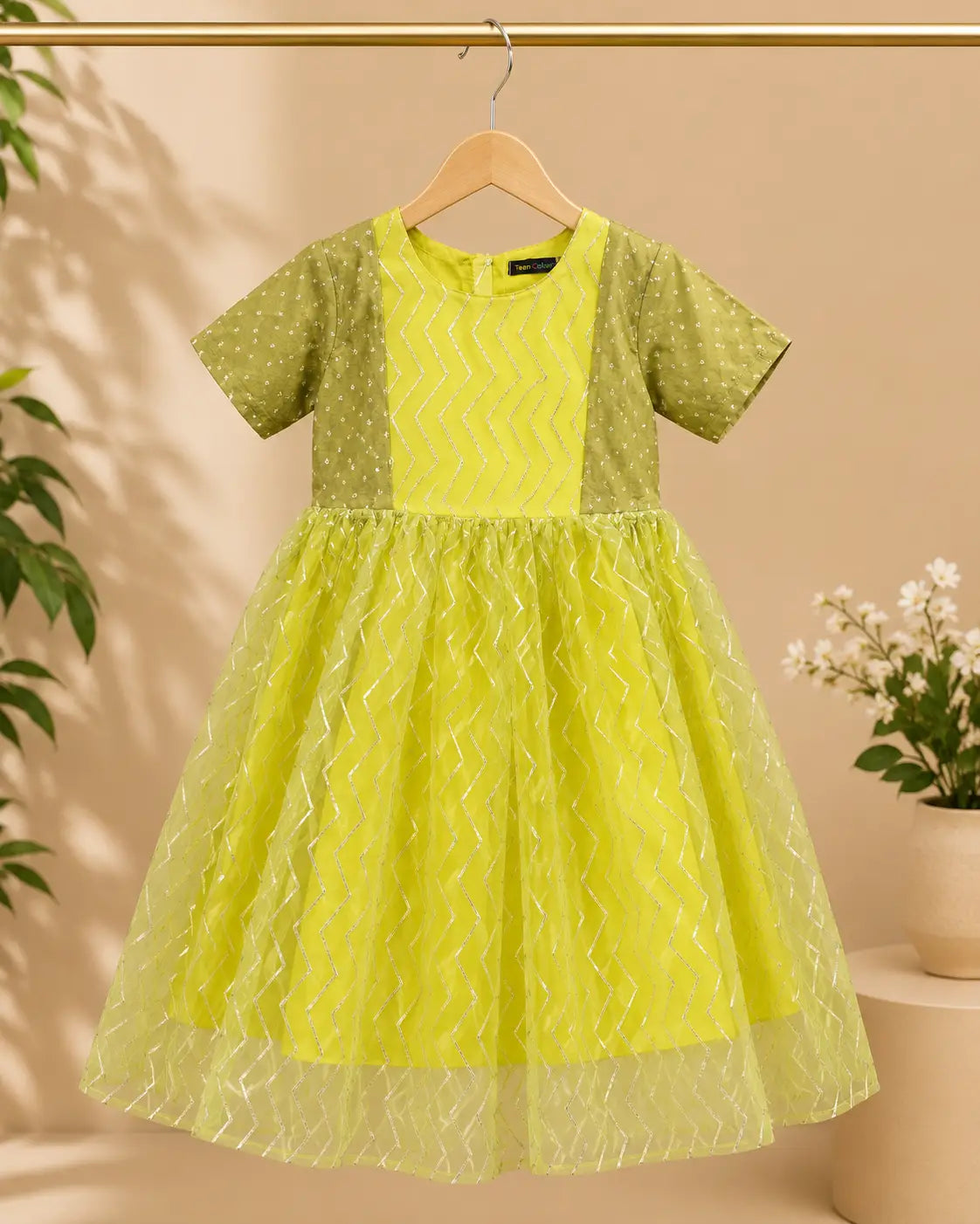 Girls  Round neckline Lime Green  Frock  Dress with Silver Zigzag Design