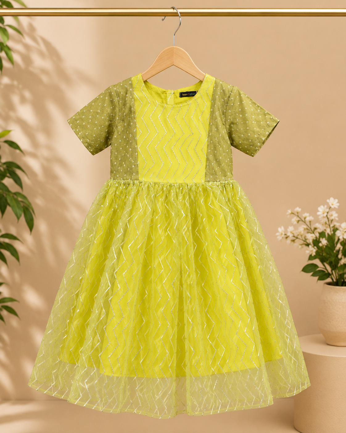 Girls  Round neckline Lime Green  Frock  Dress with Silver Zigzag Design