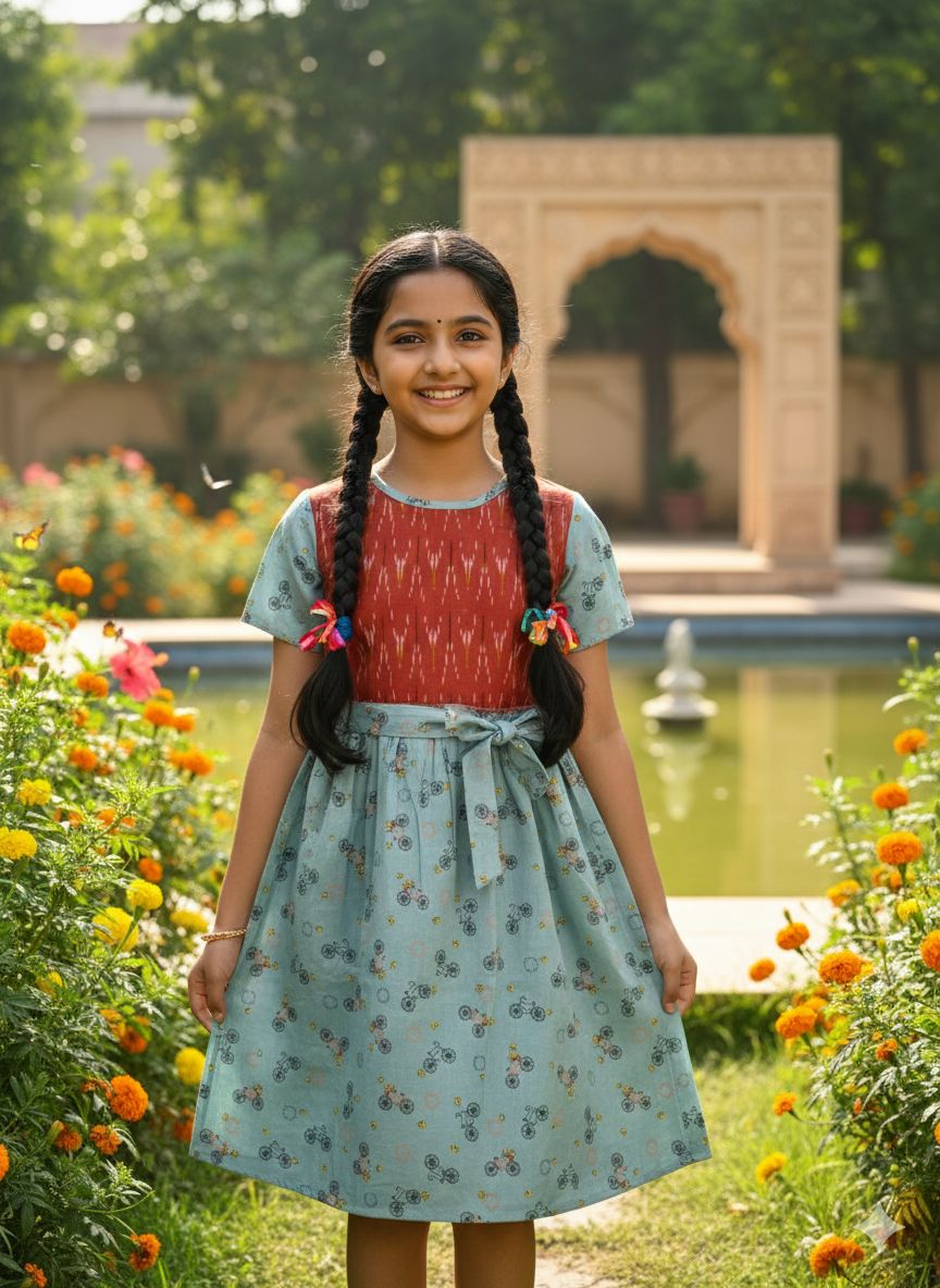 Girls round neckline  Ethnic Printed Cotton Fit & Flare Frock with Waist Belt