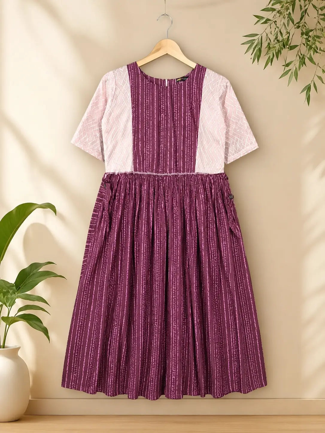 Girls Maroon & Blush Pink Cotton Printed round neckline frock with Net Sleeves and Inner Lining