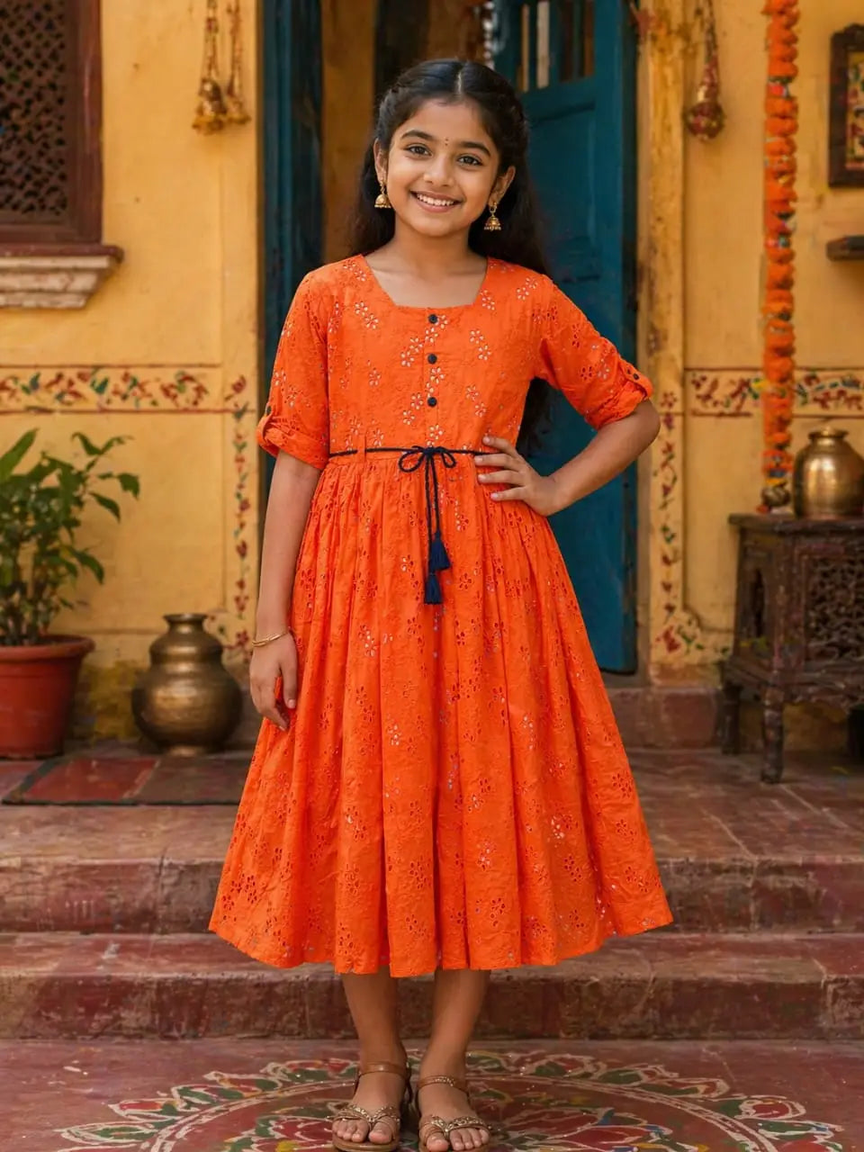 Girls Orange Chikankari Embroidered Cotton Flared A-Line Frock
