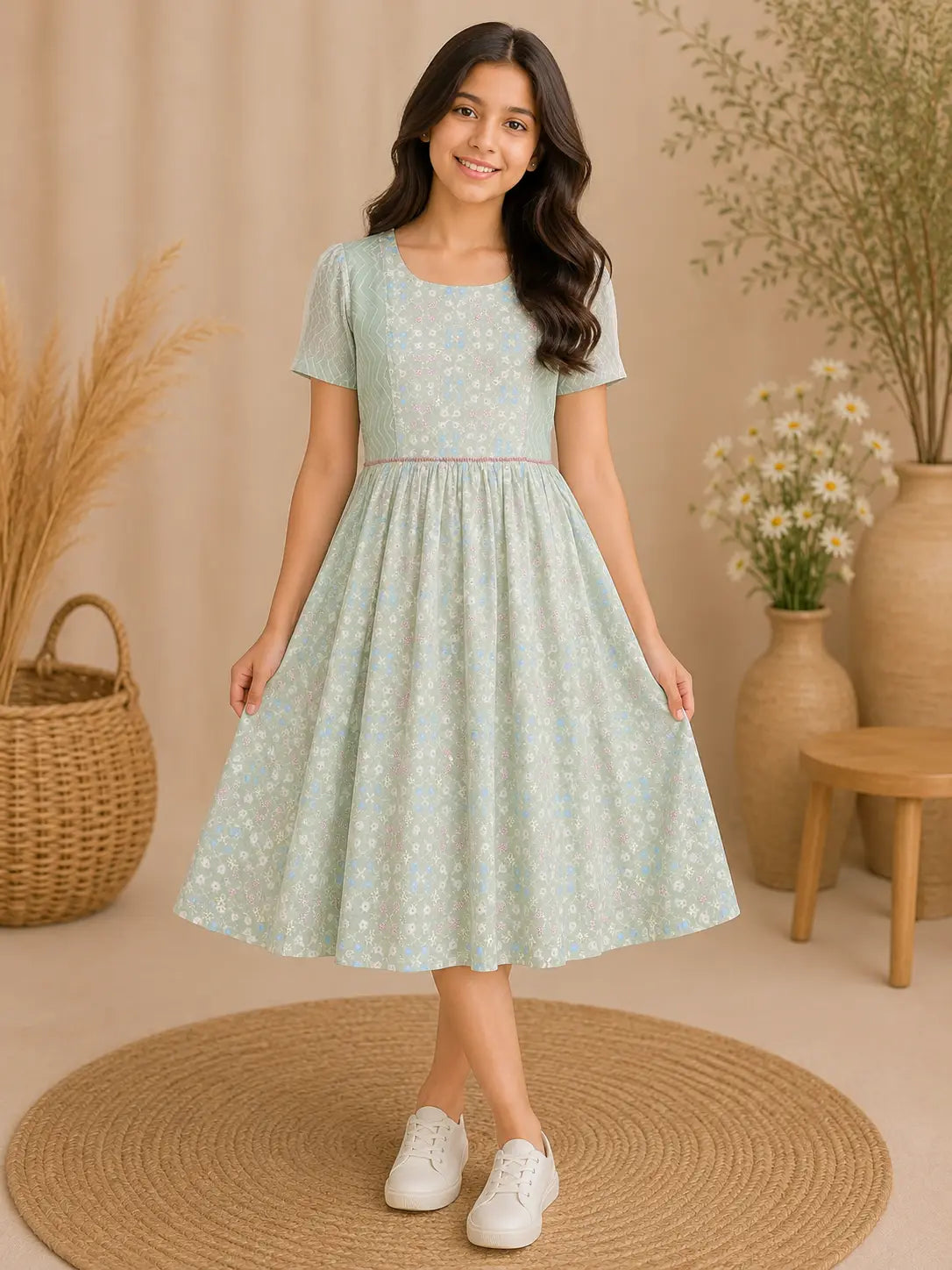 Girls Mint Green Silk Floral Party Wear Round neckline frock with Sequined Sleeves